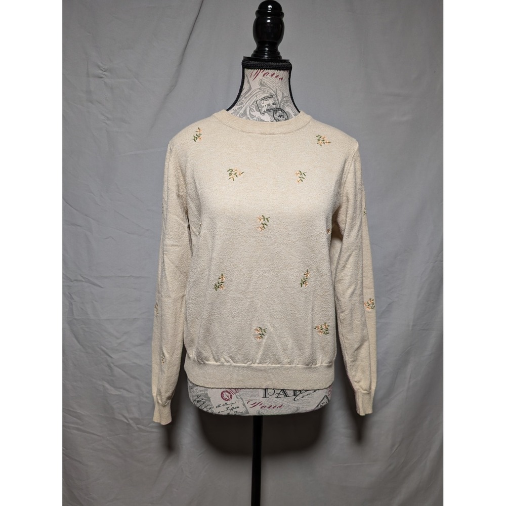 Chelsea & Violet Cream Embroidered Floral Knit Cottagecore Sweater Medium